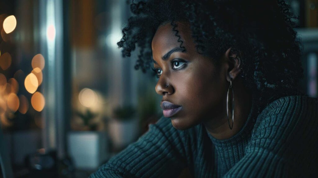 Woman with depression looks out of window while sitting at desk