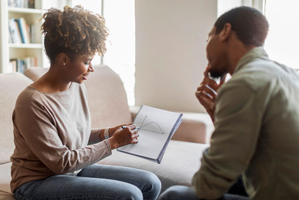 Addiction counselor explaining arc chart to man while seated on couches in office
