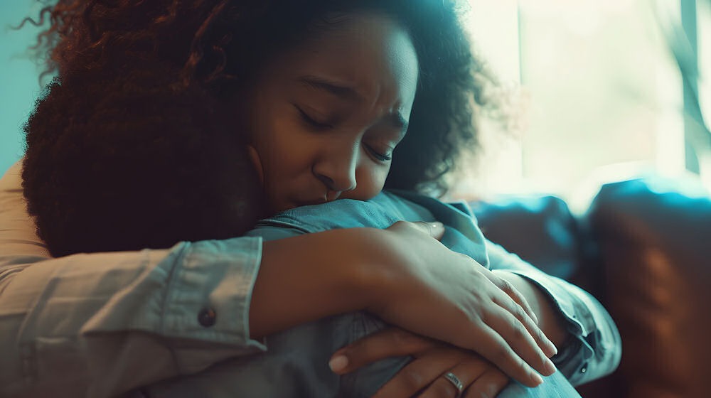 Woman with chronic pain embracing young son